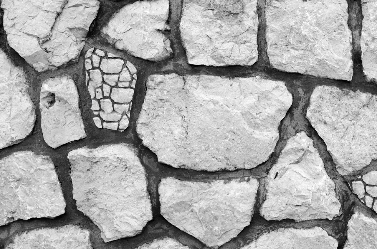 Close-up of a black and white textured stone wall with irregular shapes and patterns.